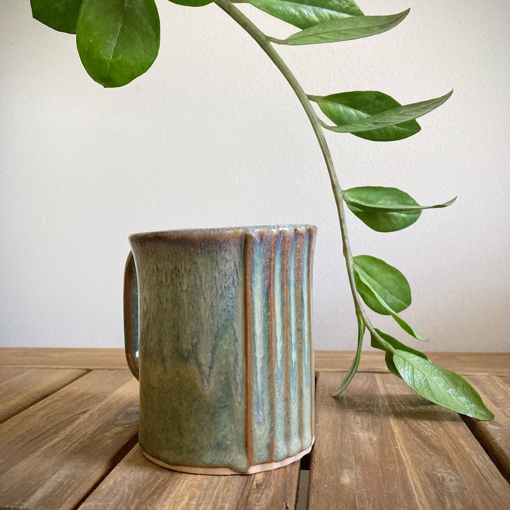 studio pottery artist signed rustic mug cup farmhouse cottage green blue brown - Picture 3 of 11